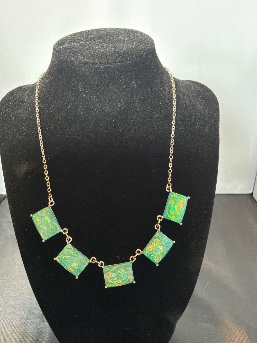 Chain Necklace with Green Iridescent Square Stones